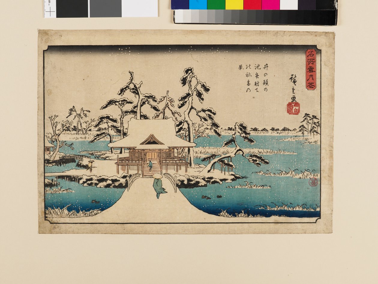Sníh u svatyně Benten u rybníka Inokašira od Ando or Utagawa Hiroshige