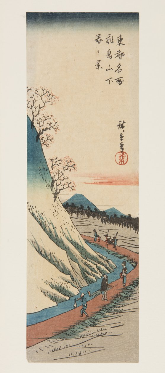 Jarní pohled na úpatí kopce Asuka (Asukayama shita haru no kei) (barevný dřevěný tisk) od Ando or Utagawa Hiroshige