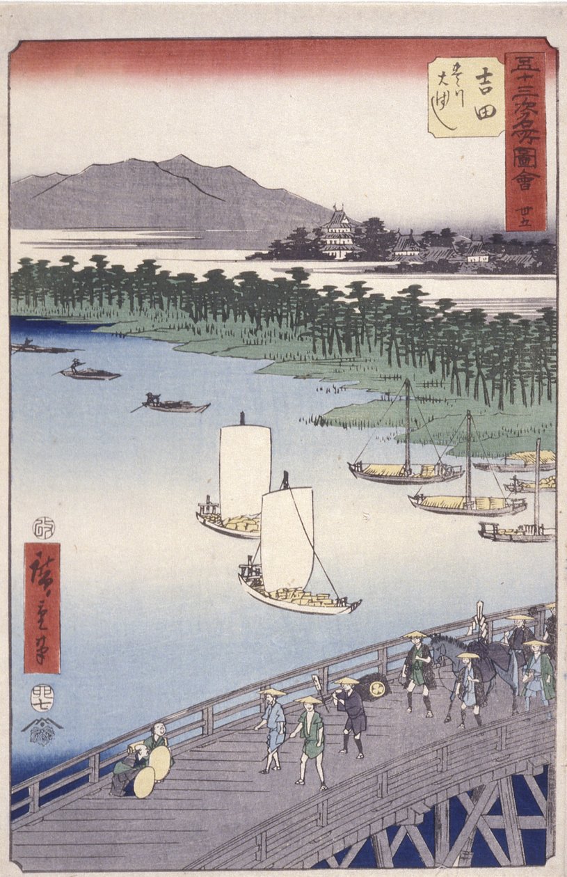 stanice 35, Yoshida; Série Kyoka Tokaido (Figures Crossing Foreground) (barevný dřevěný tisk) od Ando or Utagawa Hiroshige