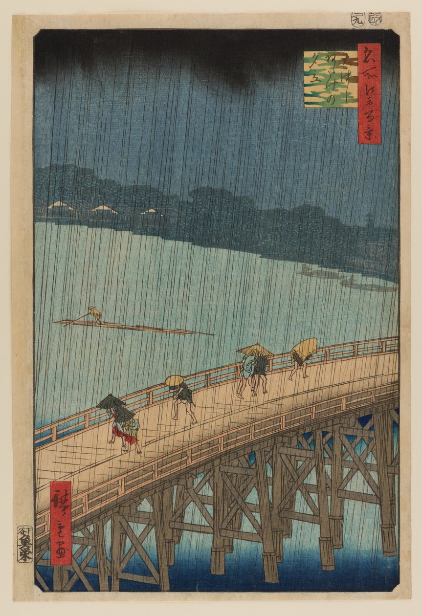 Náhlá přeháňka nad mostem Shin Ohashi a Atake od Ando or Utagawa Hiroshige