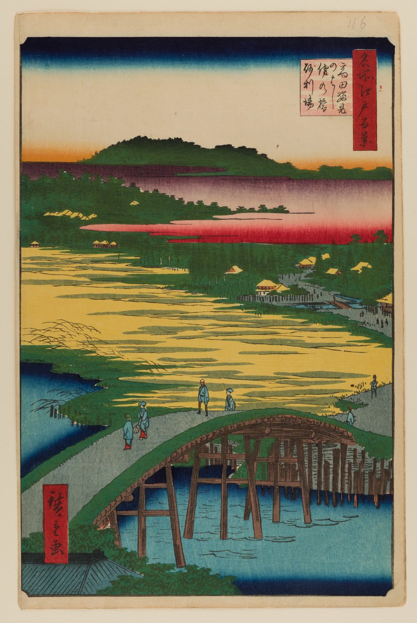 Most Sugatami, most Omokage a Jariba v Takatě od Ando or Utagawa Hiroshige