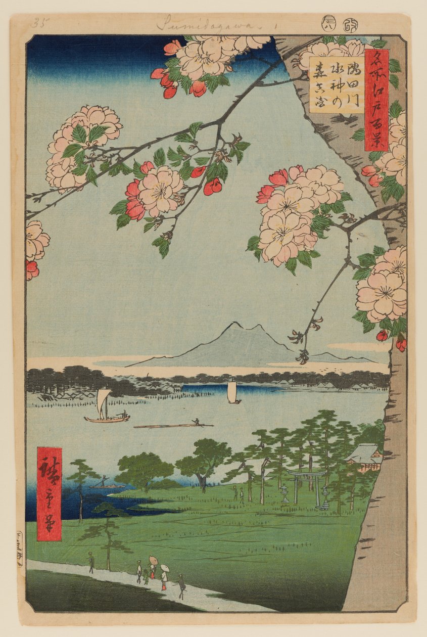 Svatyně Suidžin a Massaki na řece Sumida (Sumidagawa Suidžin no Mori Massaki) od Ando or Utagawa Hiroshige