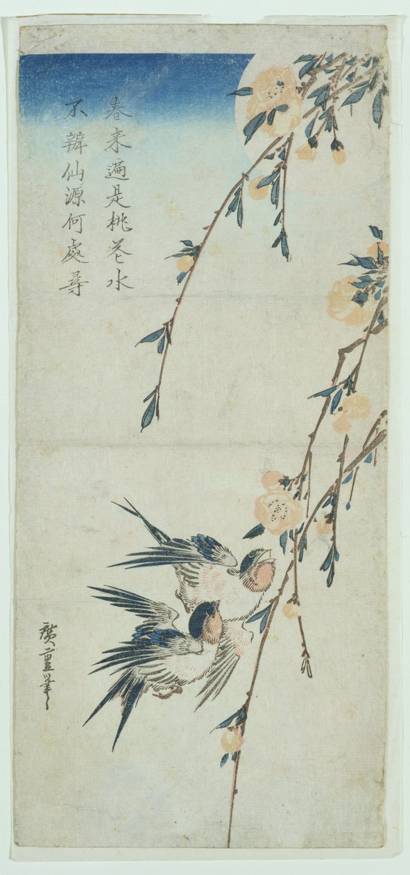 Vlaštovky a broskvový květ v měsíčním světle (dřevořez) od Ando or Utagawa Hiroshige