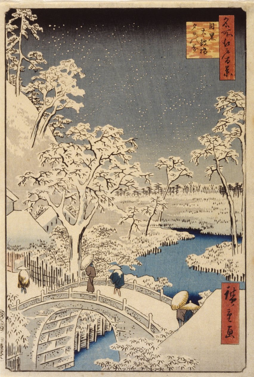 Taiko Bridge And Sunset Hill In Meguro (barevný dřevořez) od Ando or Utagawa Hiroshige