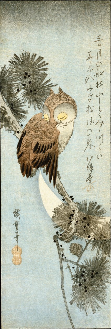 Půlměsíc A Sova Seděla Na Borových Větvích od Ando or Utagawa Hiroshige