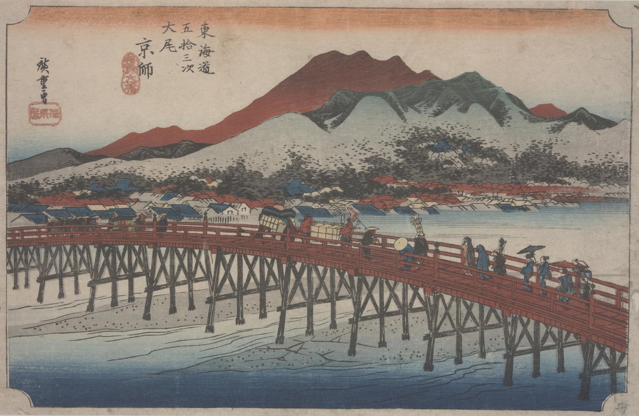 Velký most Sanjo, 1834 od Ando or Utagawa Hiroshige