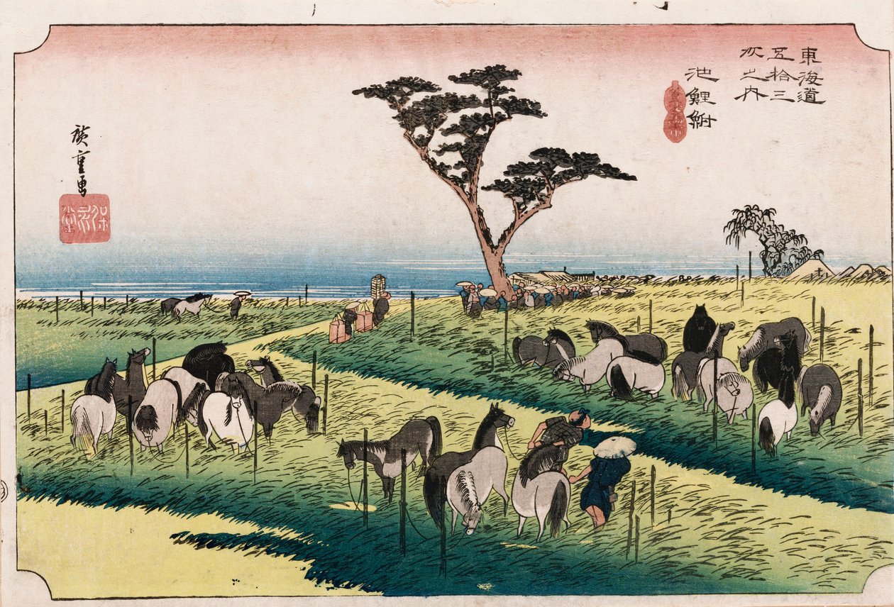 Koňský trh ve čtvrtém měsíci v Chiryu", ze série "Padesát tři stanic Tokaida", kolem roku 1834 od Ando or Utagawa Hiroshige