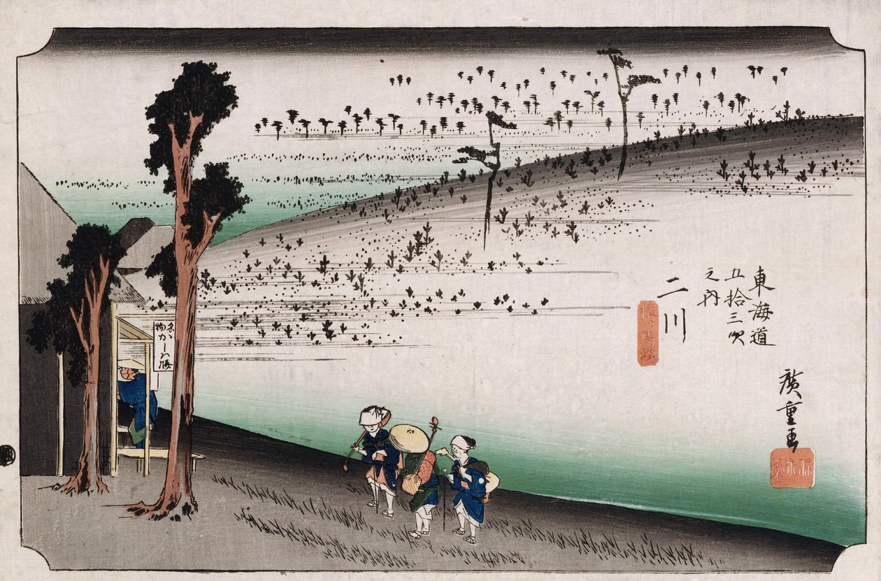 Opičí plošina, Futagawa, ze série „Padesát tři stanic Tokaida“ od Ando or Utagawa Hiroshige