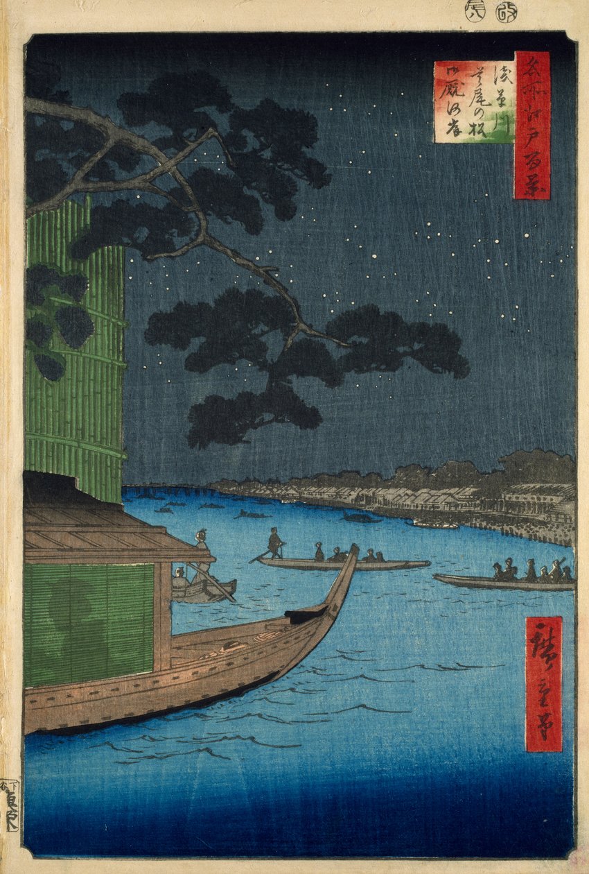 "Pine of Success" na nábřeží Onmaya, řeka Asakusa od Ando or Utagawa Hiroshige