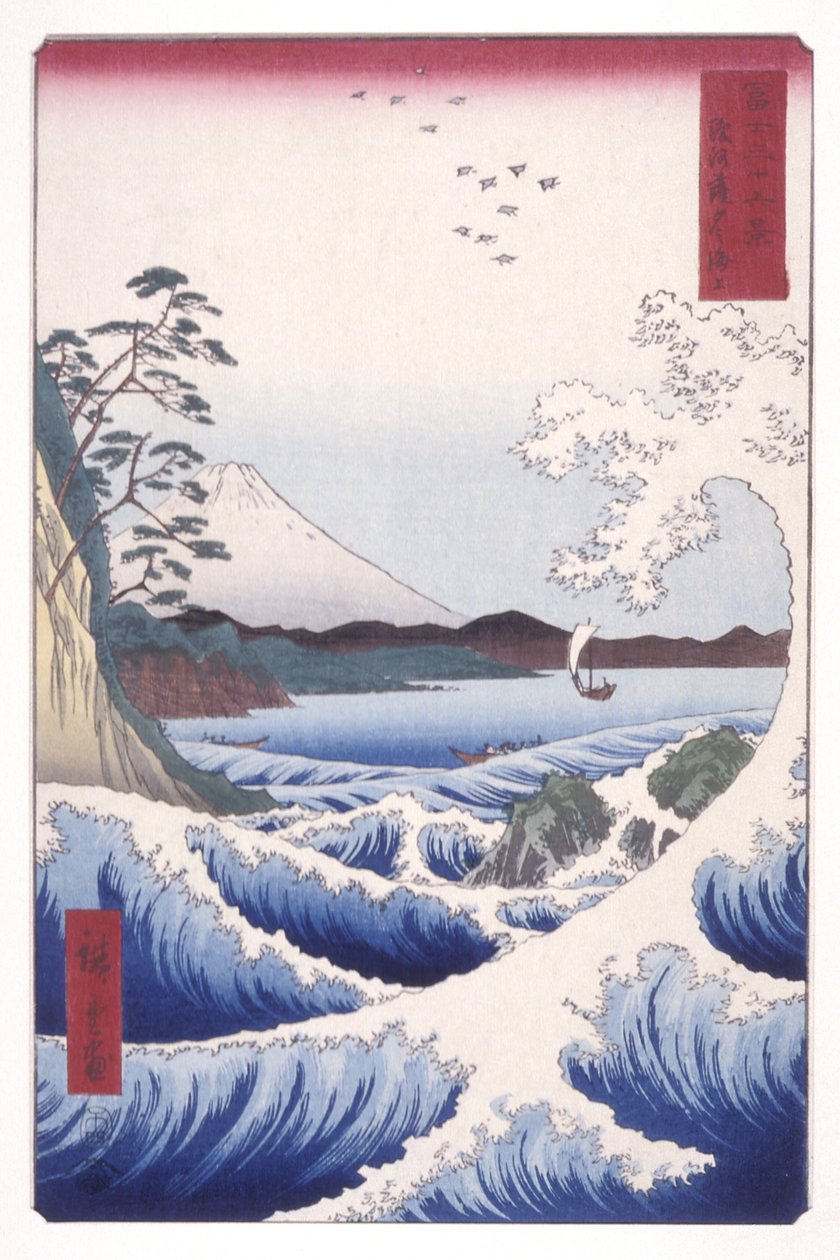 Moře v Sattě v provincii Suruga (Suruga Satta No Kaij?) (barevný dřevotisk) od Ando or Utagawa Hiroshige