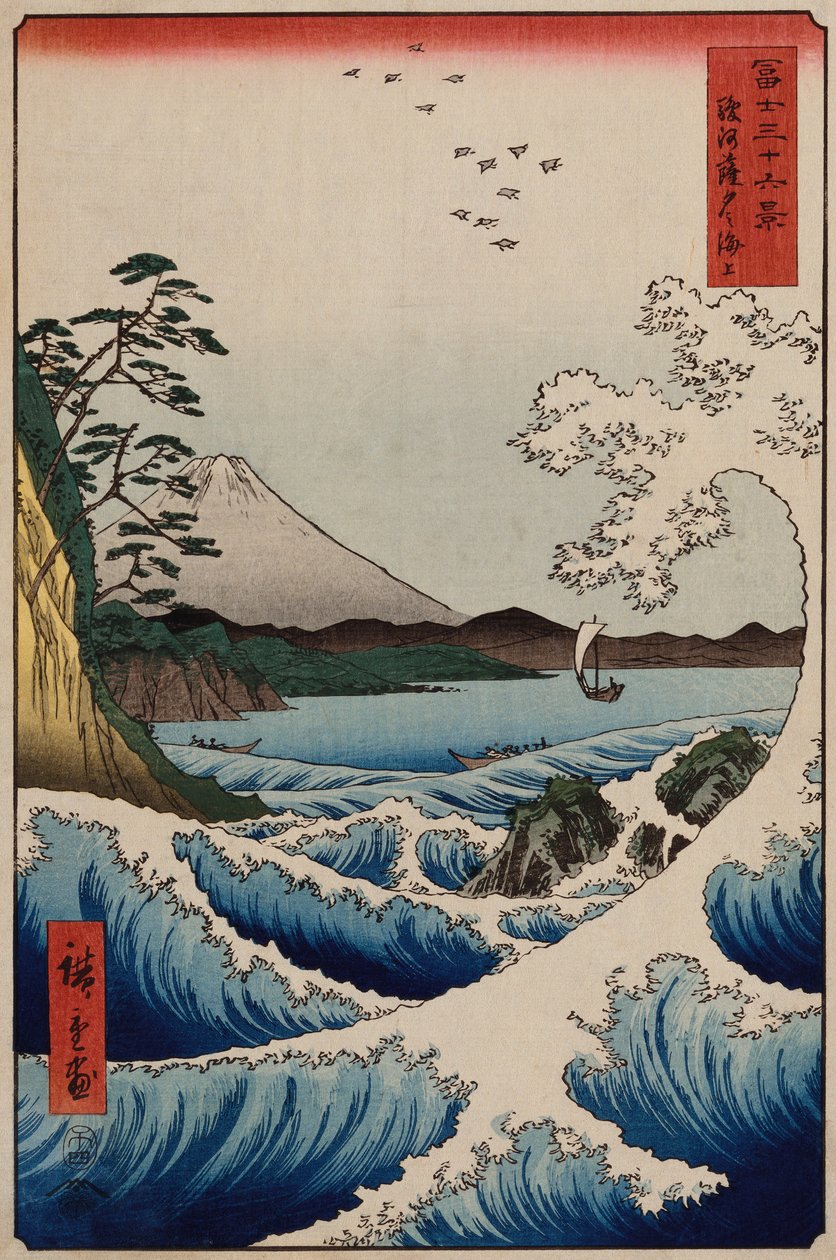 Moře u Satty v provincii Suruga, ze série „Třicet šest pohledů na horu Fuji“ od Ando or Utagawa Hiroshige