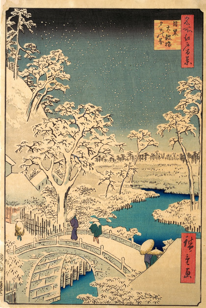 Most Taiko a mohyla Yuhi v Meguro, od The Hundred Famous Views of Edo, pub. 1857 od Ando or Utagawa Hiroshige
