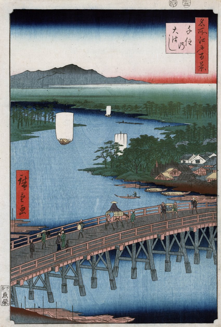 Velký most Senju přes řeku Sumidu s horami v pozadí, dřevoryt Ando Hiroshige od Ando or Utagawa Hiroshige