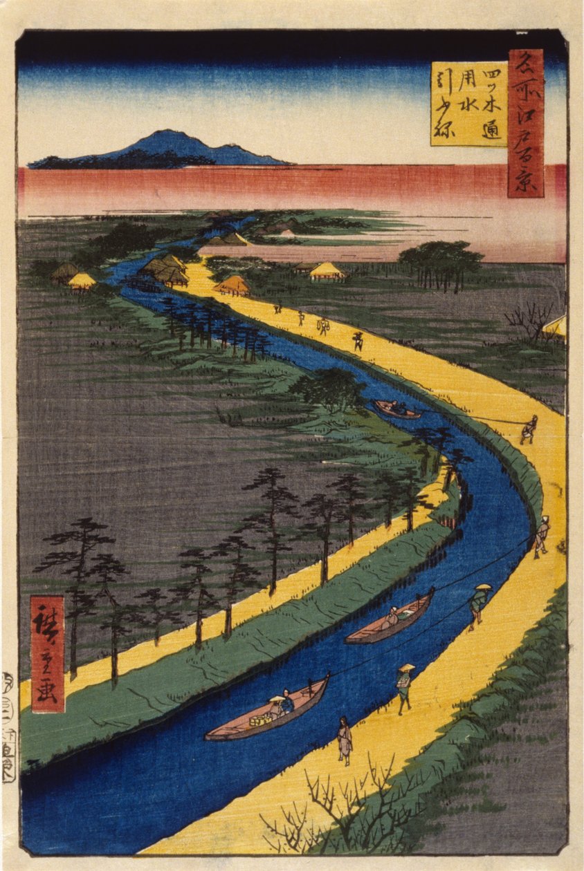 Vlečné čluny na kanálu Yotsugid?ri (barevný dřevotisk) od Ando or Utagawa Hiroshige