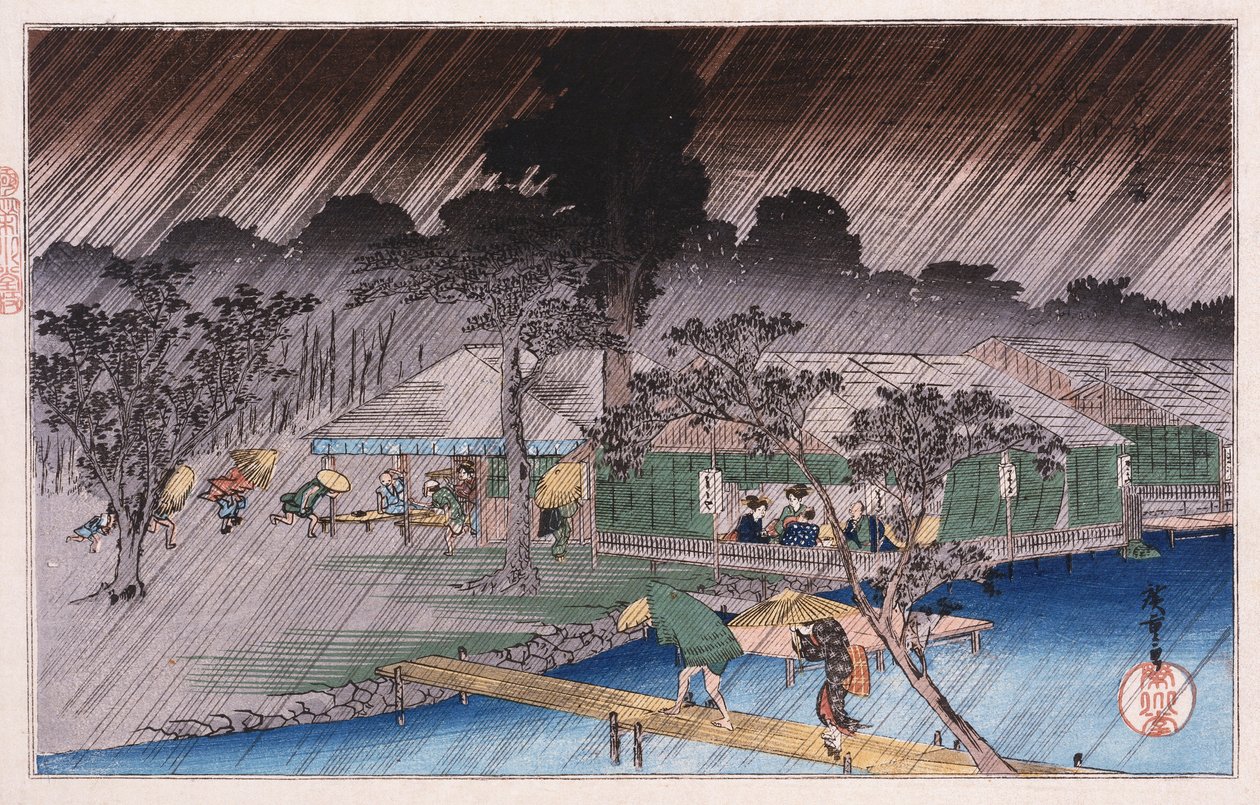 Twilight Shower v Tadasu Bank“, ze série „Slavná místa Kjóta“ Ando Hiroshige od Ando or Utagawa Hiroshige