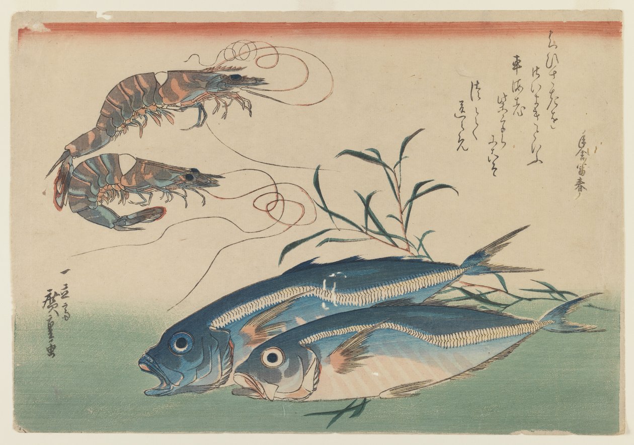 Dvě krevety se dvěma vranami, kolem 1832-33 (barevný dřevěný blok na papíře) od Ando or Utagawa Hiroshige