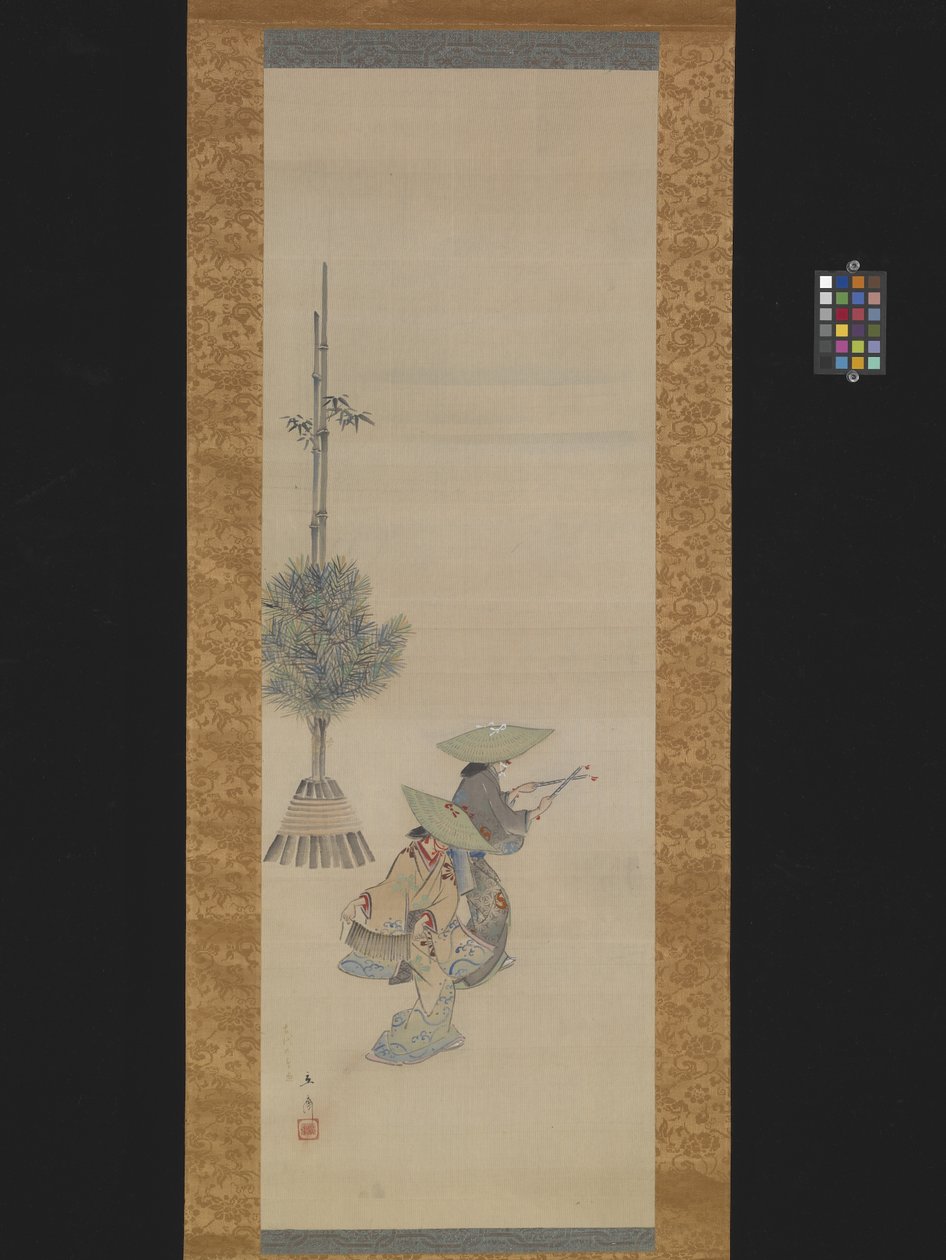 Tančí dvě ženy s klobouky (inkoust a barva na hedvábí) od Ando or Utagawa Hiroshige