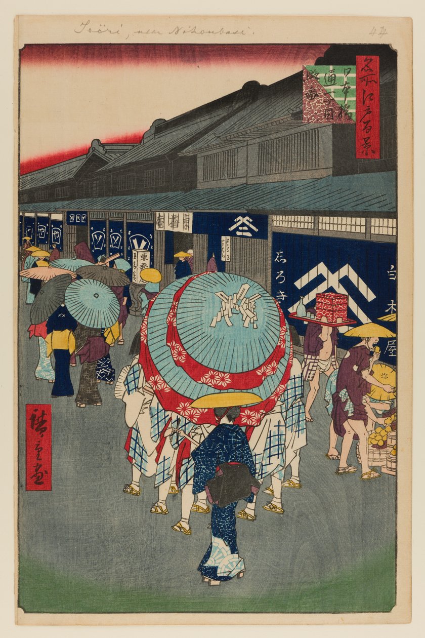 Pohled na Nihonbaši Tori-itchome (Nihonbaši Tori-itchome Ryakuzu) od Ando or Utagawa Hiroshige