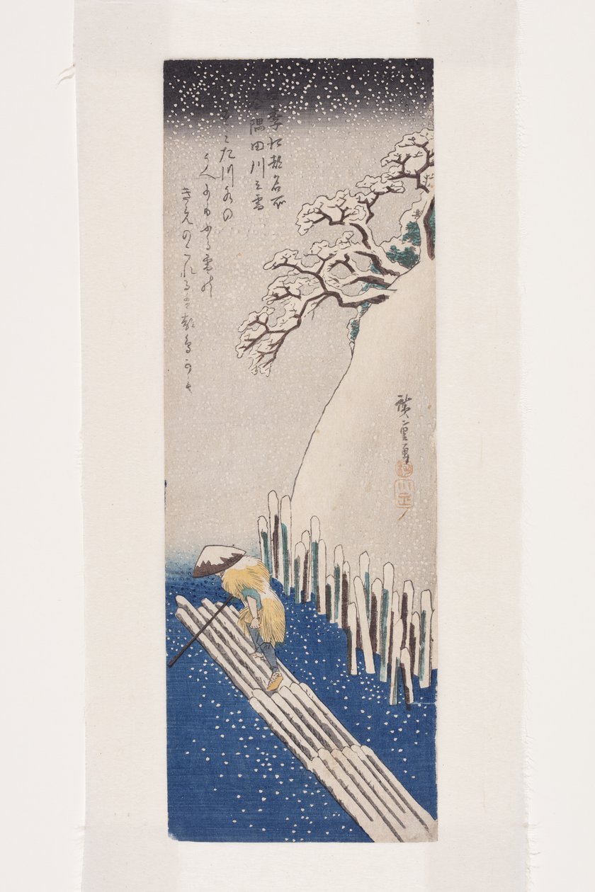 Zima: Sníh na řece Sumida (Fuyu, Sumidagawa no yuki) (barevný dřevotisk) od Ando or Utagawa Hiroshige