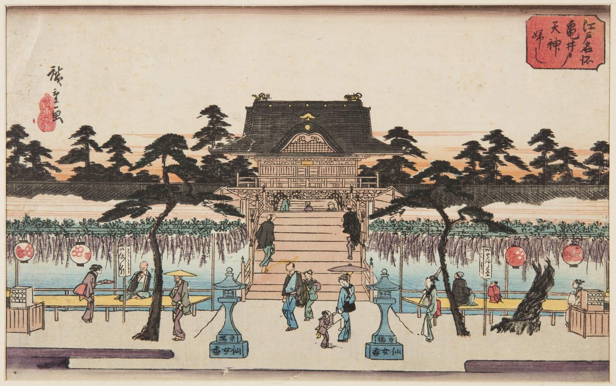 Wisteria ve svatyni Kameido Tenjin (Kameido Tenjin fuji) (barevný dřevotisk) od Ando or Utagawa Hiroshige