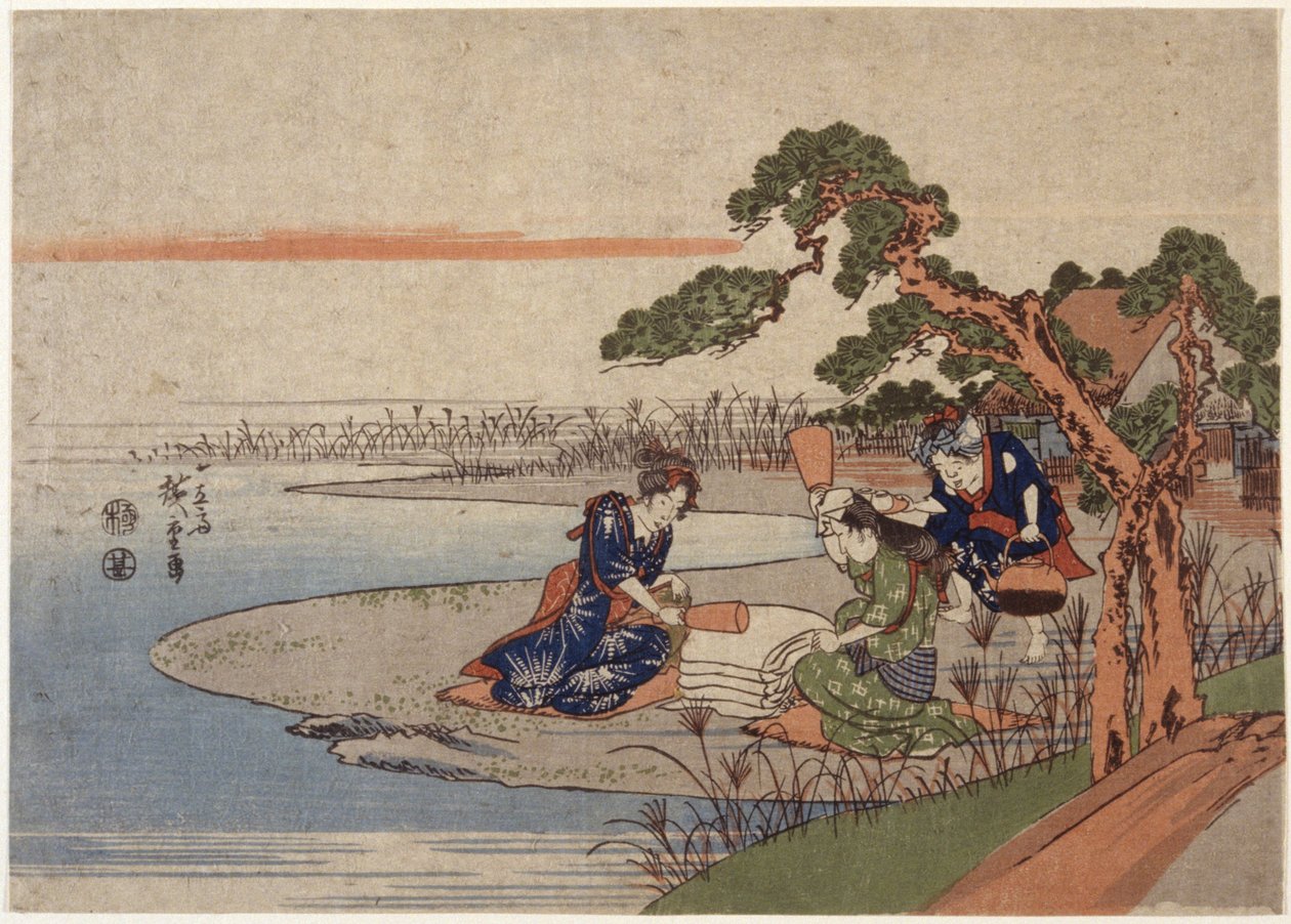 Women Preparing Cloth (barevný dřevořez) od Ando or Utagawa Hiroshige