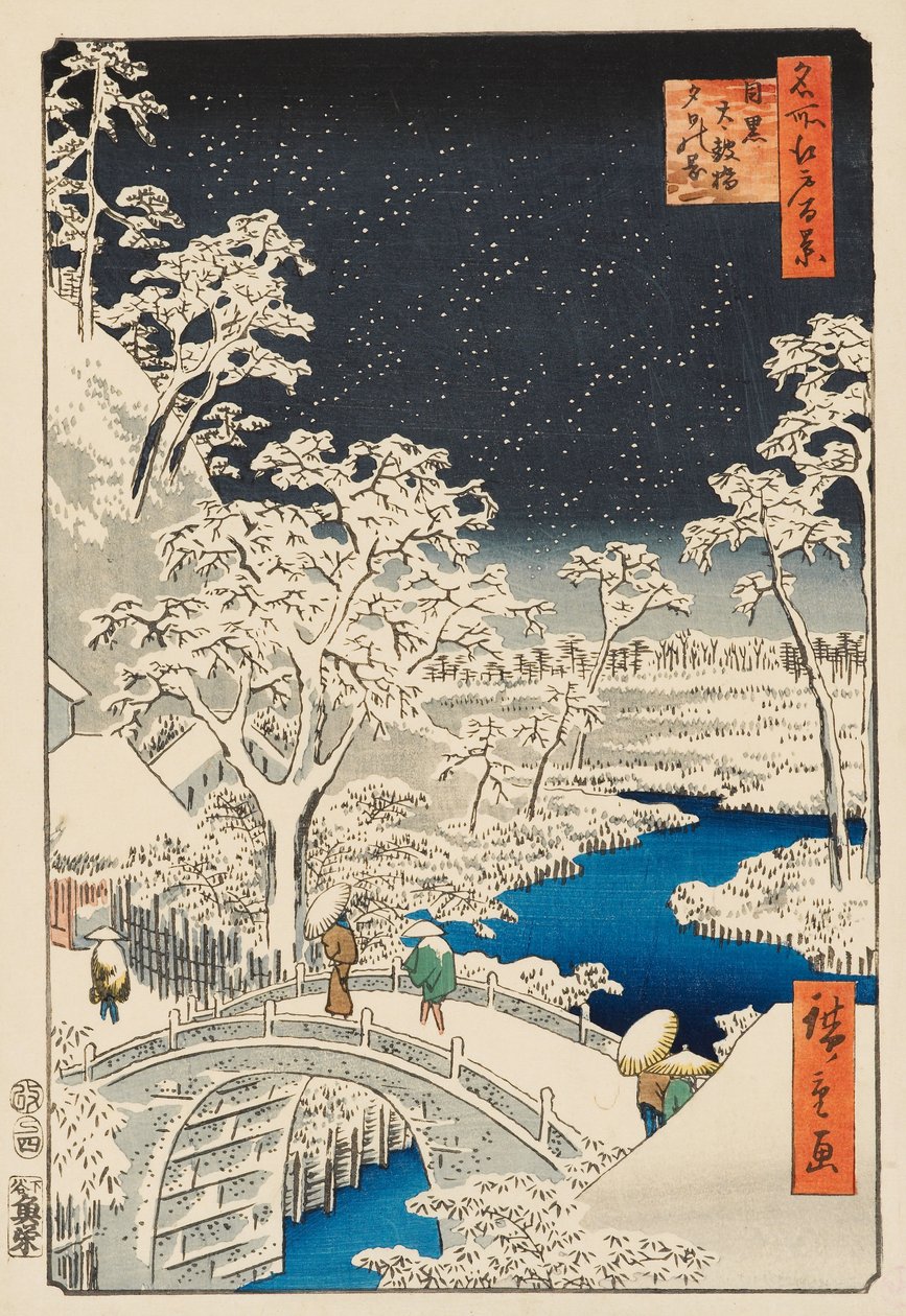 Yūhi Hill a Drum Bridge v Meguro od Ando or Utagawa Hiroshige