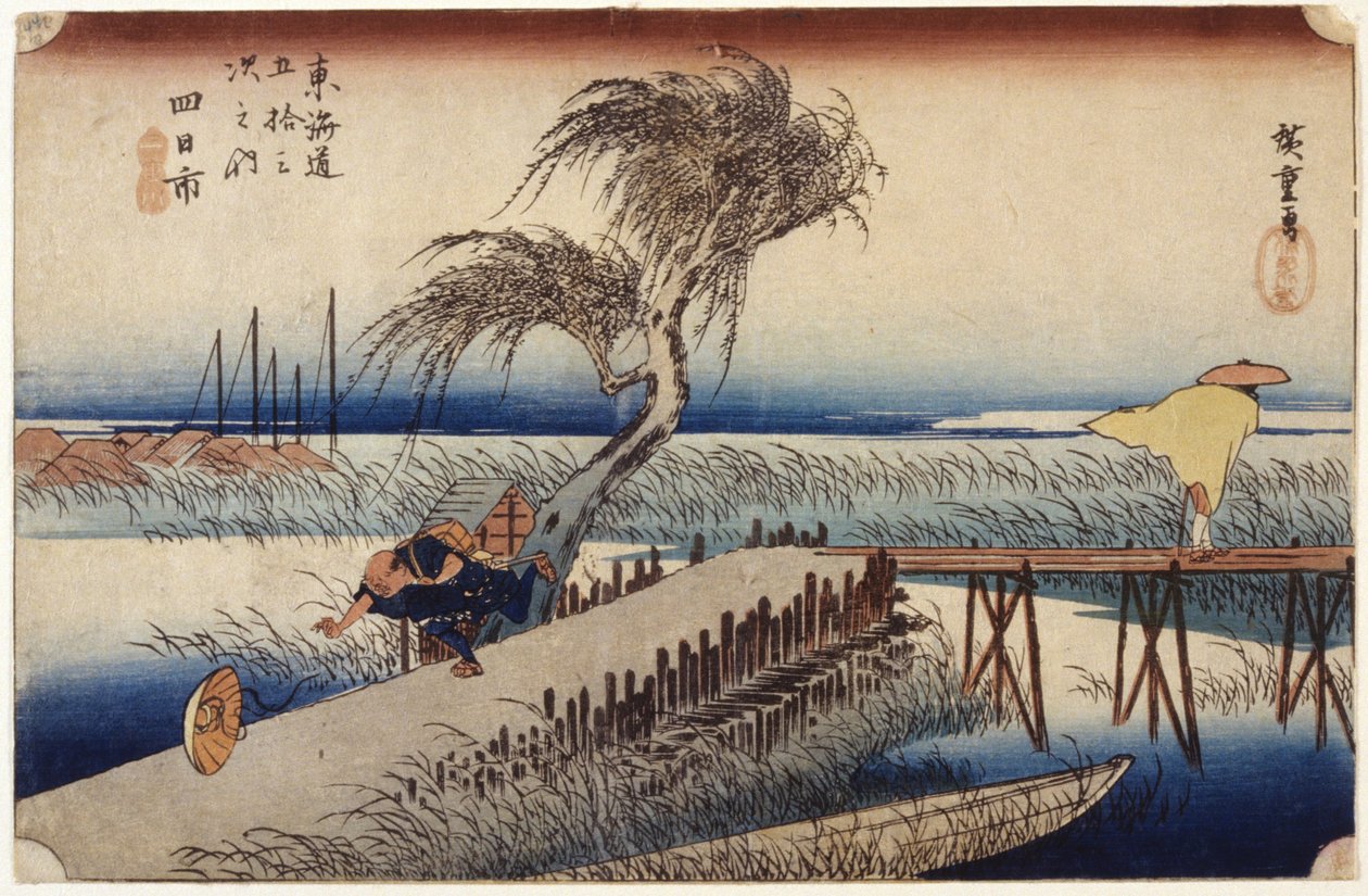 Yokkaichi (stanice #44) (barevný dřevořez) od Ando or Utagawa Hiroshige