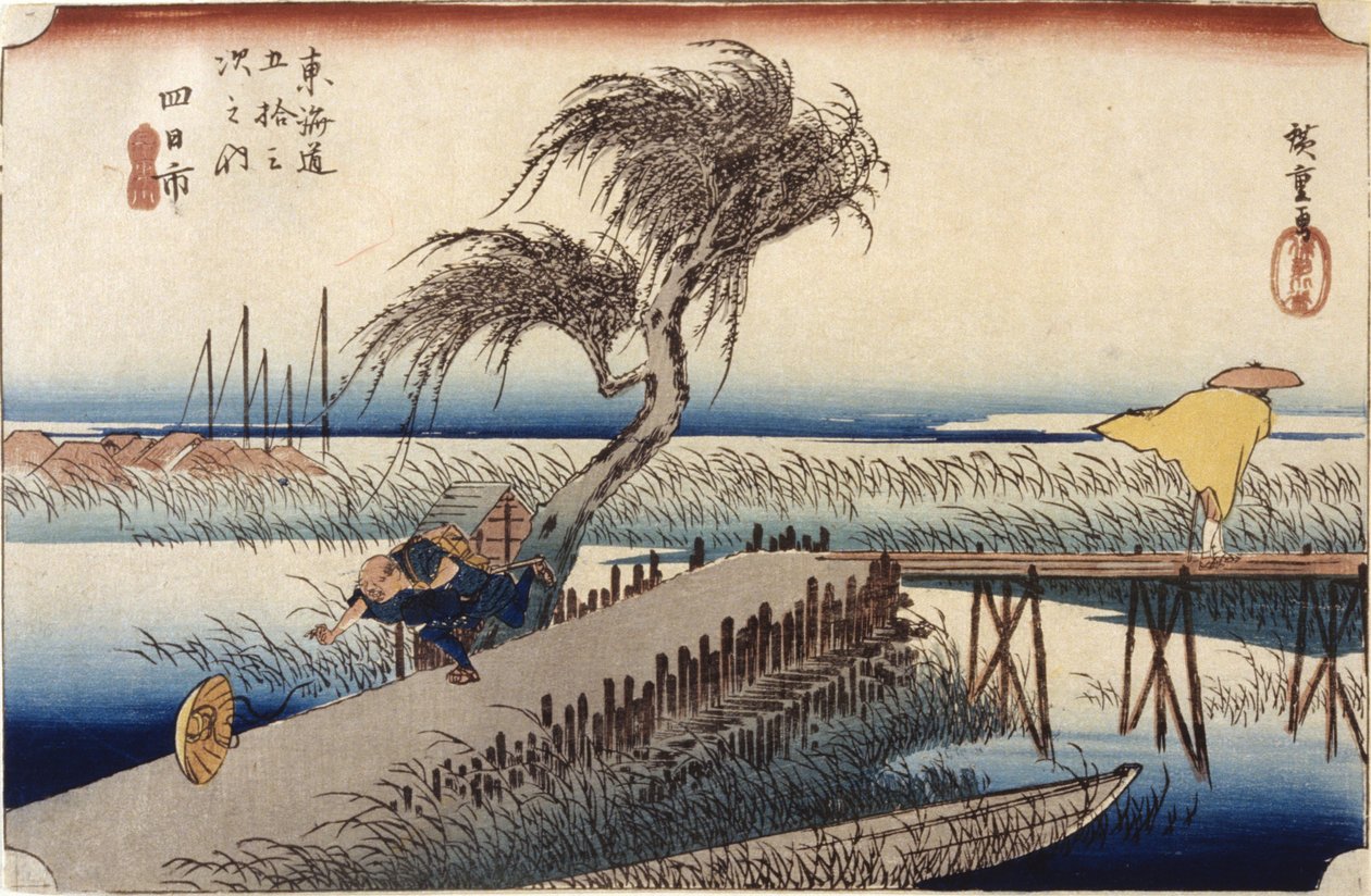 Yokkaichi (stanice #44) (barevný dřevorytový tisk) od Ando or Utagawa Hiroshige