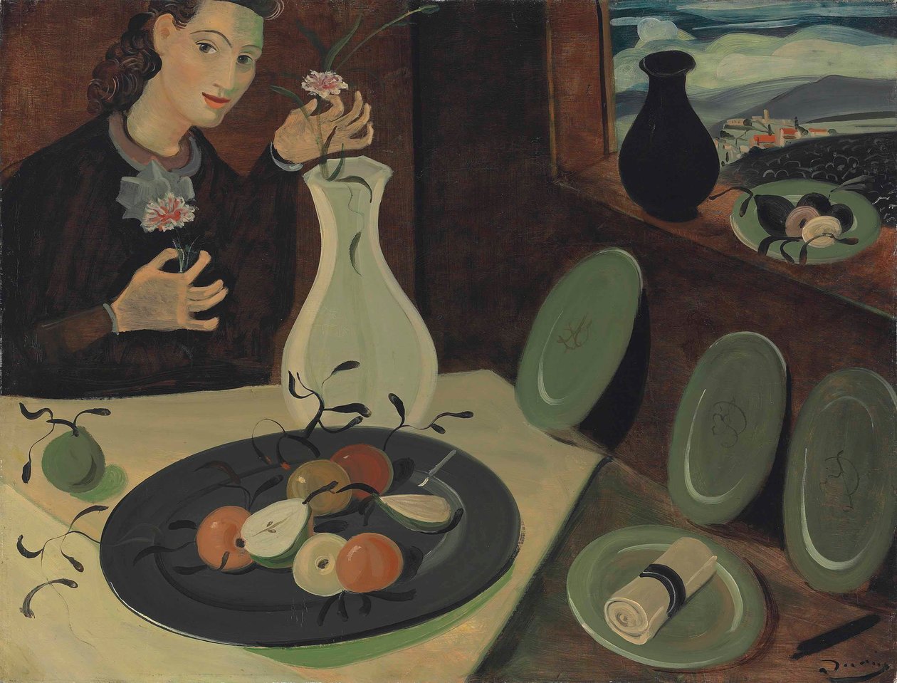 Talíř s ovocem a žena s květinami ve váze od Andre Derain