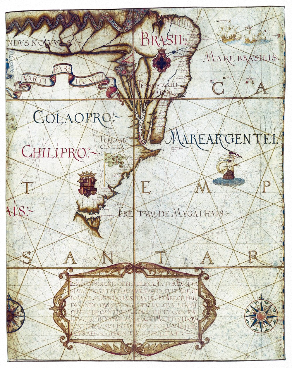 Mapa Jižní Ameriky, v Universa a Navigabilis Totius Terrarum Orbis Descriptio 1559 (barevný rukopis) od André Homem