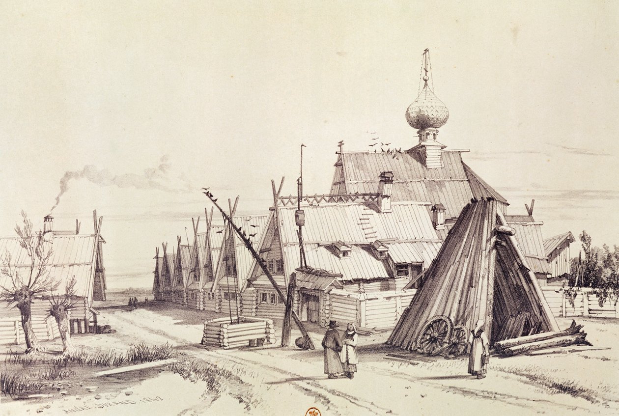 Vesnice na cestě do Moskvy, ilustrace z, „Malebná cesta do Ruska“, 1839 od Andre Durand