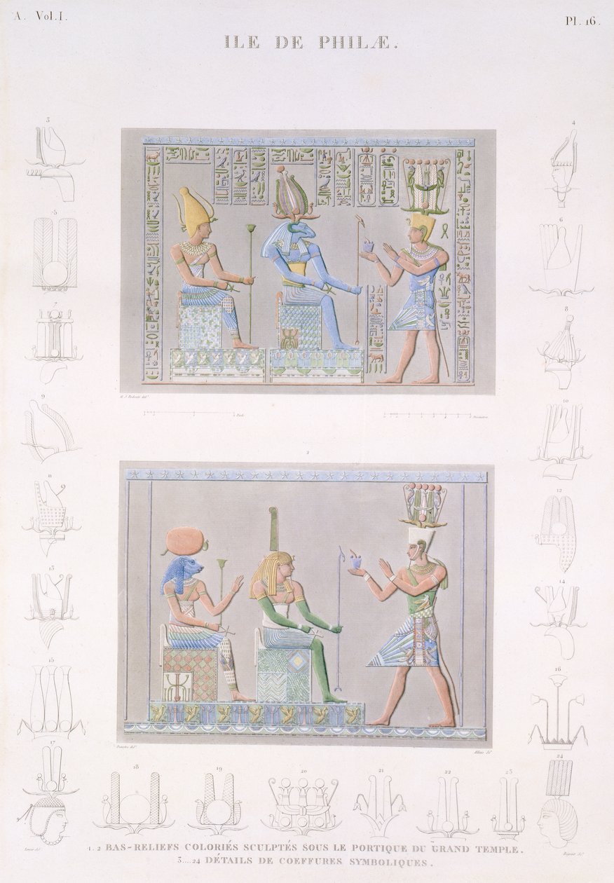 Barevné základní reliéfy vyřezávané na portiku Velkého chrámu s detaily symbolů, Ostrov Philae, deska 16 ze svazku I „Descriptions of Egypt“, vyrytý Allaisem, 1822 (akvatinta) od Andre Dutertre