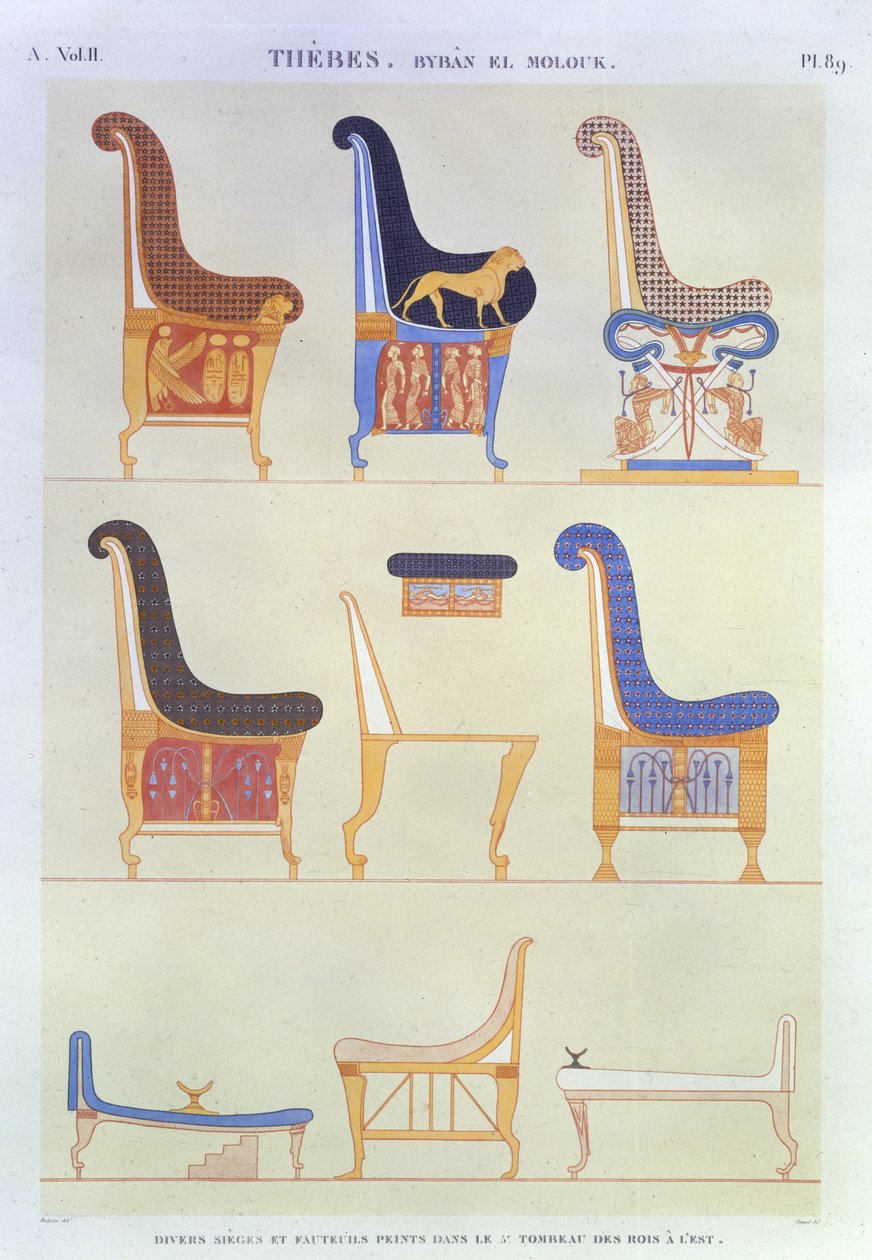Ilustrace různých malovaných sedadel a křesel z 5. hrobky králů na východě, Byban el Molouk, deska 89 ze svazku II „Popisů Egypta“, vyryl Pomel, 1822 (akvatinta) od Andre Dutertre
