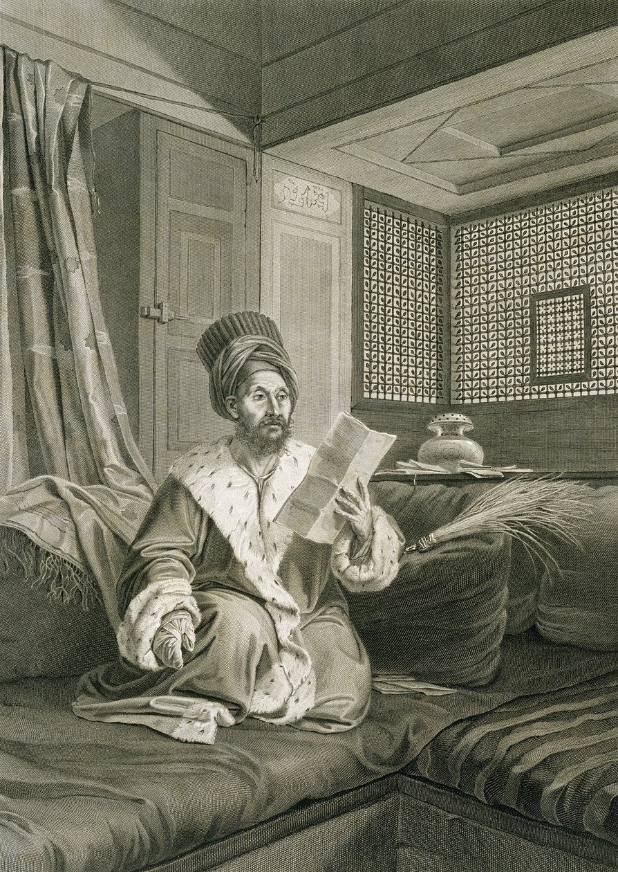 Said Mustafa Paša zraněný v bitvě u Abúkiru, ze svazku II Kostýmy a portréty "Popisu Egypta", vyryl Raphael Urbain Massard, vydáno na Napoleonův příkaz, 1822 (engr. od Andre Dutertre