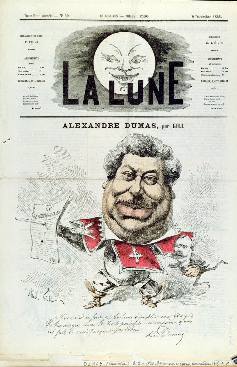 Karikatura Alexandra Dumase pere (1803-70) jako mušketýra, z přední obálky časopisu 