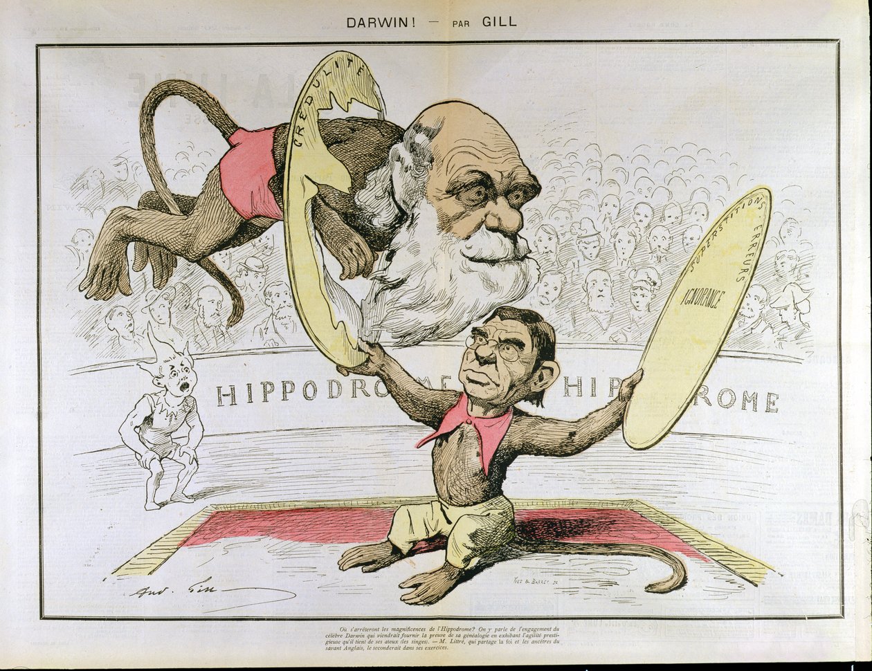 Karikatura Charlese Darwina (1809-1882) a Emile Littre (1801-1881) zobrazující je jako vystupující opice v cirkuse od Andre Gill