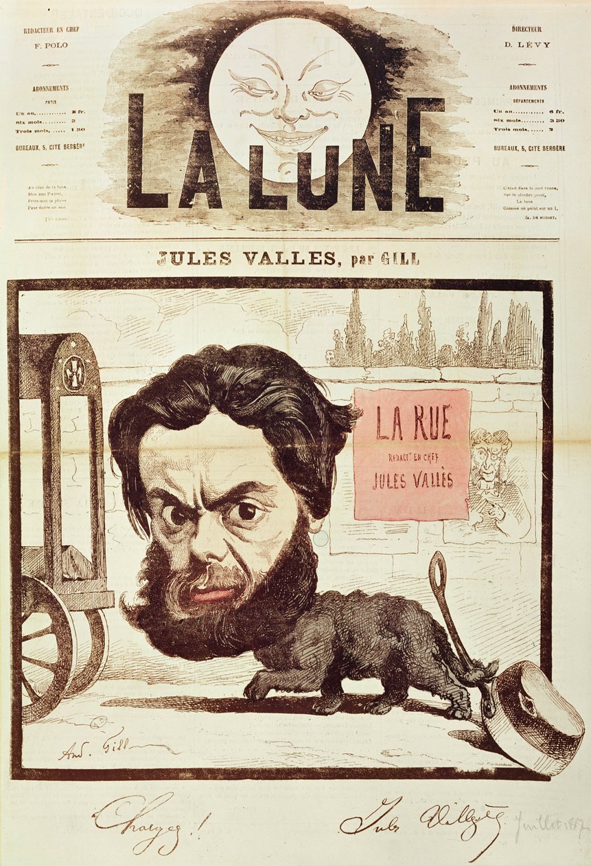 Titulní strana časopisu "La Lune" s karikaturou Julese Vallese a jeho časopisu "La Rue", Paříž, červenec 1867 (barevná litografie) od Andre Gill