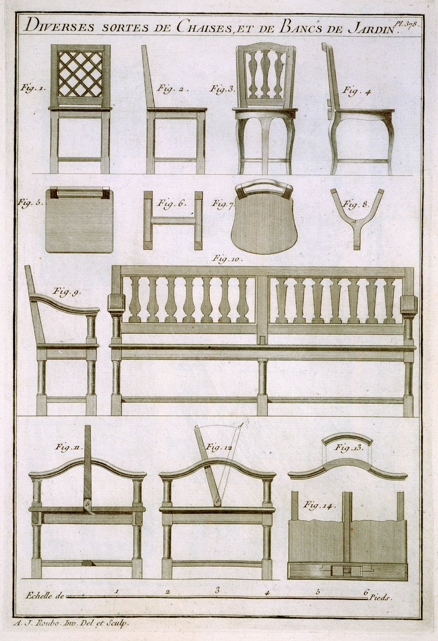 Návrhy dřevěných židlí a laviček na zahradu, od LArt du Menuisier, hospoda. 1769-74 od Andre Jacob Roubo