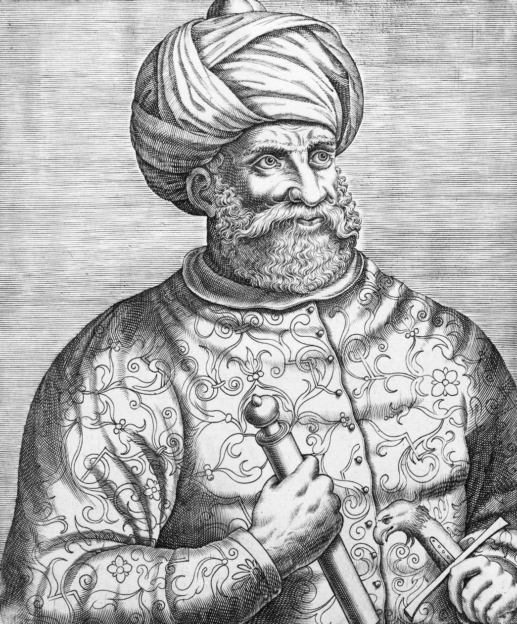 Barbarossa, ilustrace z Andreho Theveta „Des real pourtaits et vies des hommes illustres“, 1584 od Andre Thevet