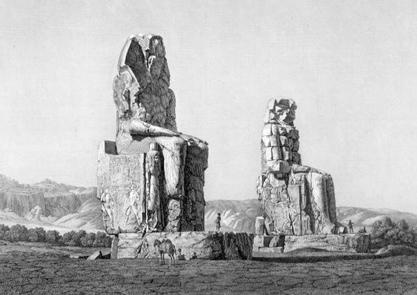Pohled na dva kolosy v Memnonium, Théby, deska 20 ze svazku II "Popisy Egypta", vyryté hospodou Louis Pierre Baltard (1764-1836). na příkaz Napoleona od Andre (after) Dutertre
