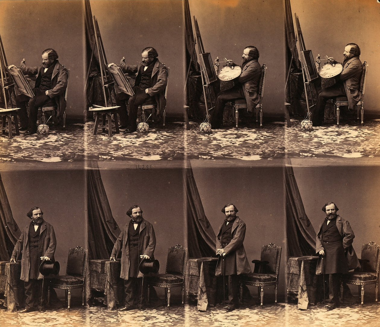Portrét malíře Lepualle: list šesti nerozřezaných cartes de visite (č/b foto) od Andre Adolphe Eugene Disderi