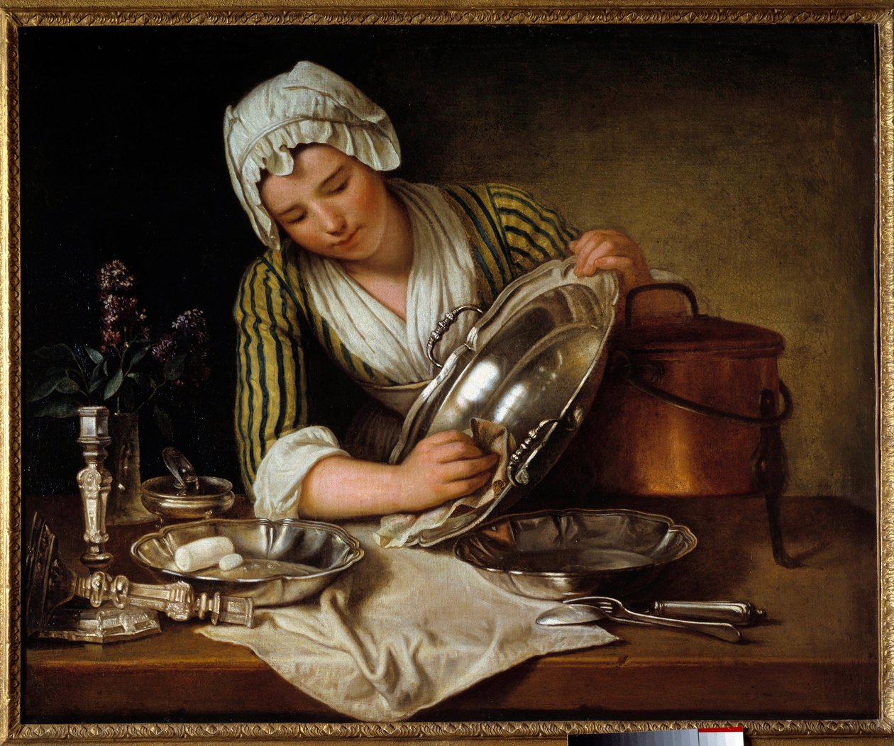 Servante asticant a dish aneb “” La recureuse”” Obraz Andre Bouyse (1656-1740) 1737 Paříž, dekorativní umění - Domácí sluha leštící stříbro (neboli “” La Recureuse””). Obraz Andre Bouyse (1656-1740) od Andre Bouys