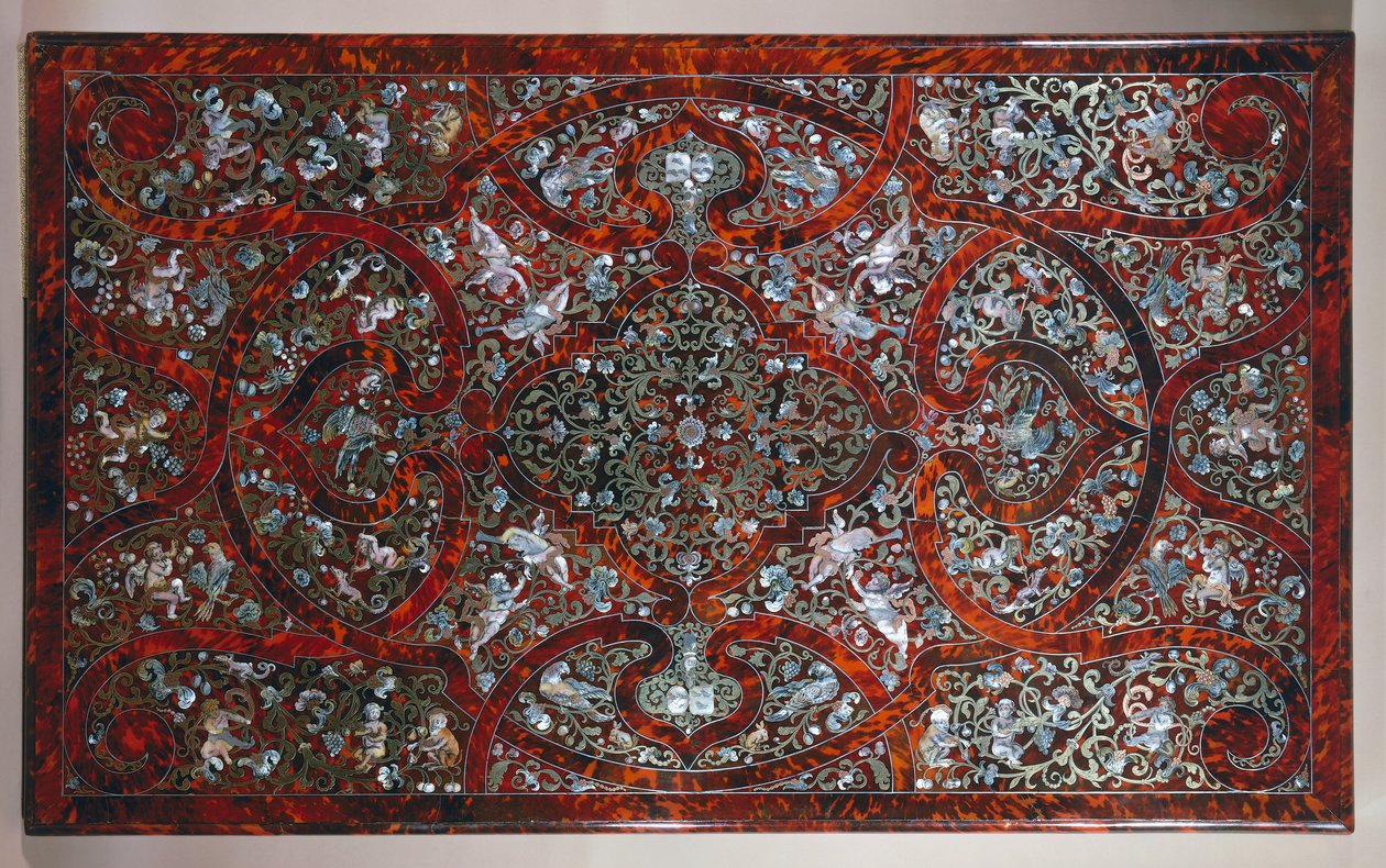 Potažená deska ve stylu Andre-Charles Boulle, detail vyřezávaného a zlaceného stolu, signováno P van Loose a M Verbiest, Nizozemsko od Andre Charles Boulle