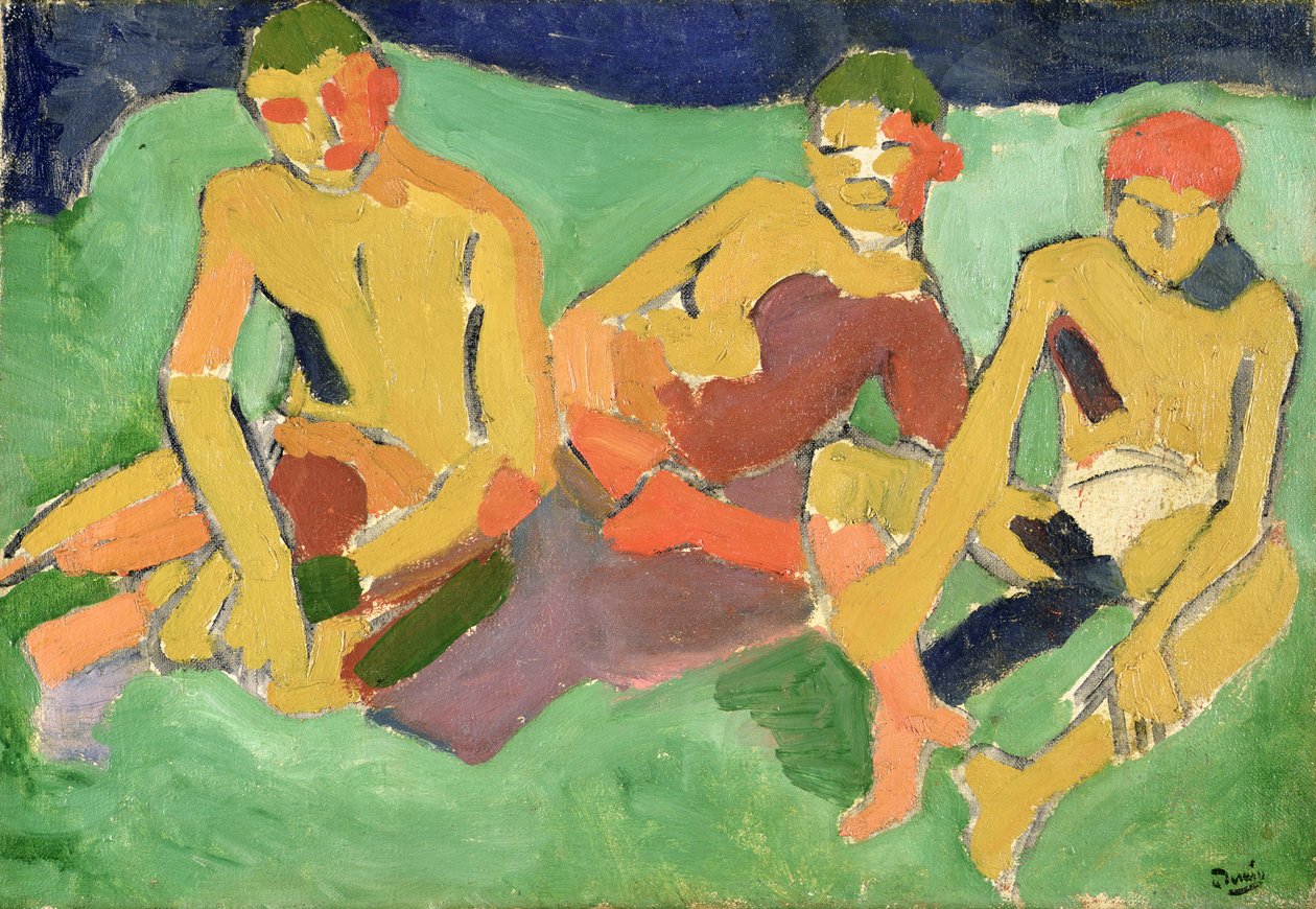 Tři postavy sedící na trávě (olej na plátně) od Andre Derain