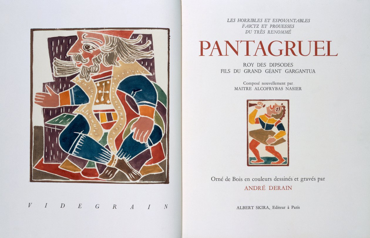 Titulní strana knihy "Les horribles et espouvantables faictz et prouesses du tres renomme Pantagruel, Roy des Dipsodes, fils du grand geant Gargantua". Compose nouvellement par Maitre Alcofybras Nasier", Francois Rabelais (asi 1494-1553) 1943 (dřevoryt) od Andre Derain