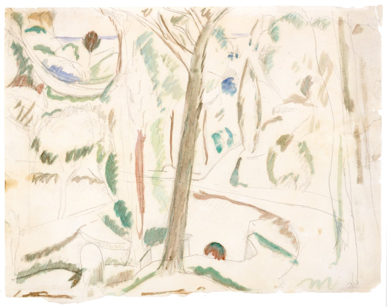 Bez názvu (studie k Odbočce), asi 1906 (grafit a akvarel na papíře) od Andre Derain