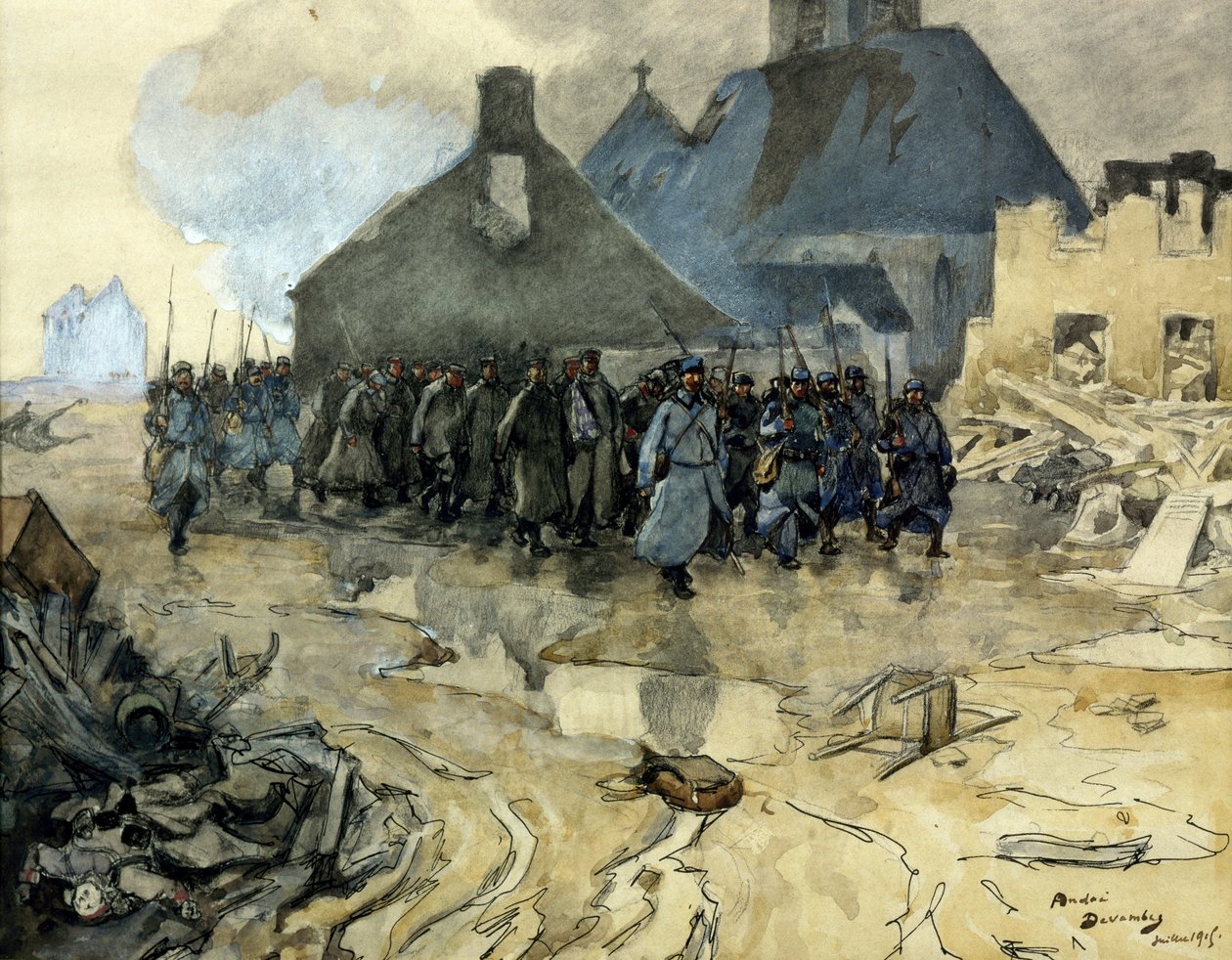 První světová válka: návrat hlídky, červenec 1915 (eau forte) od Andre Devambez