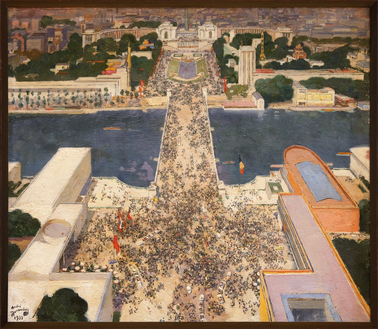 Mezinárodní výstava v roce 1937 z druhého patra Eiffelovy věže, Na úpatí kopce Chaillot, pavilony Sovětského svazu vlevo a nacistického Německa vpravo proti sobě, Obraz Andre Devambez (1867-1944) - od Andre Devambez