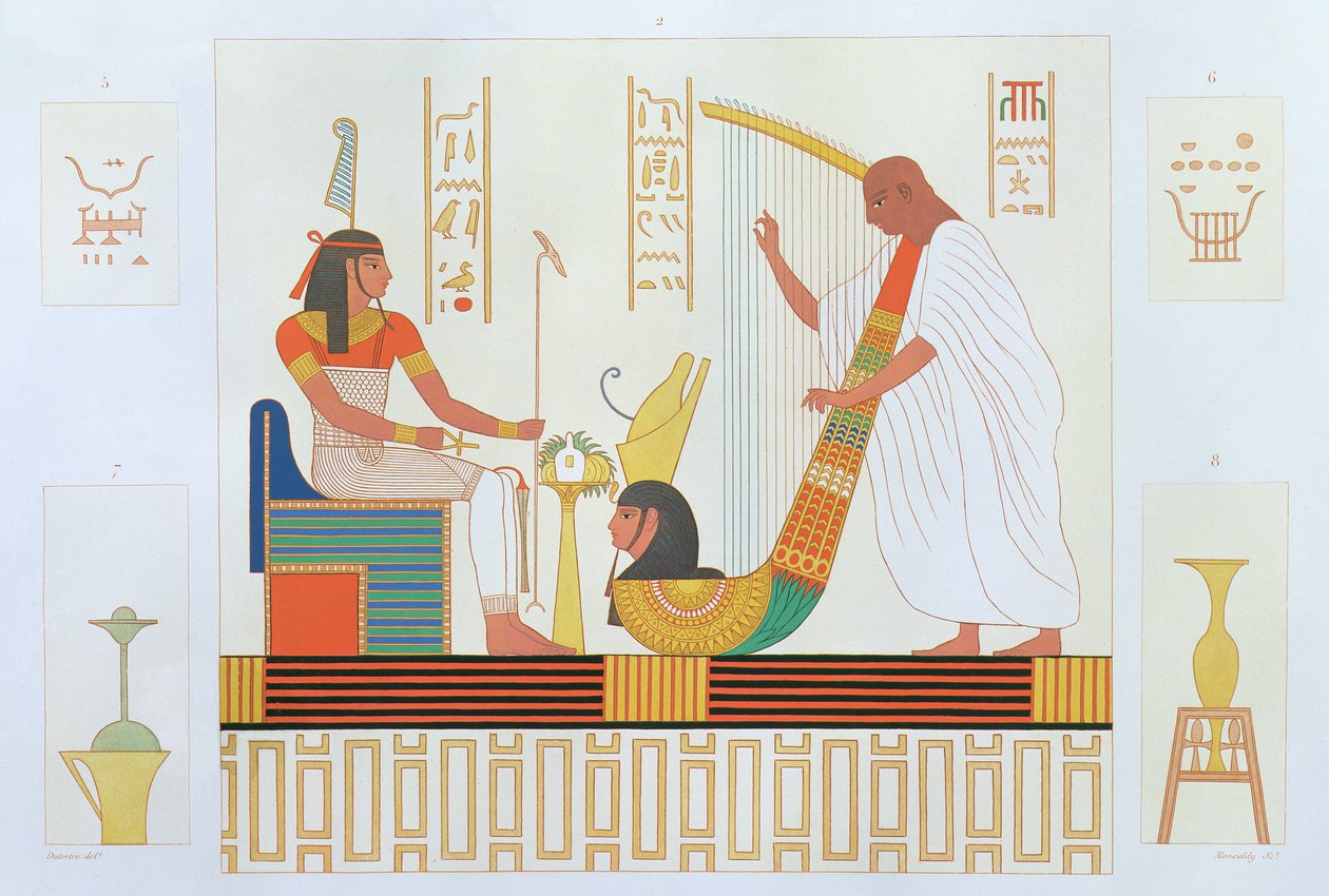 Dekorace z komnaty harf, východní hrobka, Byban el Molouk, Théby, z „Popisů Egypta“ od Edmonde Francoise Jomarda, publikované 1809-22 od Andre Dutertre