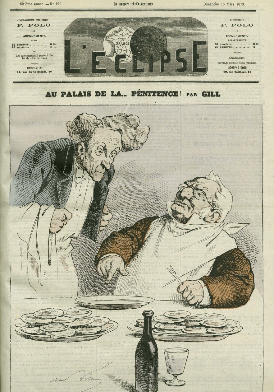 V paláci pokání, karikatura prezidenta republiky Adolphe Thierse (1797-1877). Obálka “”L